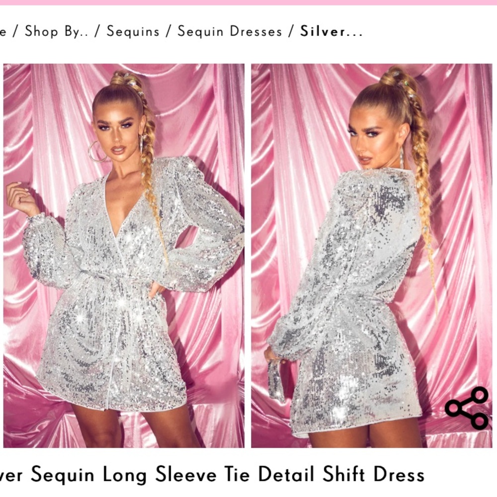 Silver Sequin Long Sleeve Tie Dress